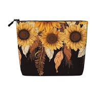Dwvtfsm Borsa per il trucco da donna, con girasoli e piume, organizer da viaggio in lino impermeabile, leggera, con cerniera, borsa da toeletta da viaggio organizer per pennelli da trucco