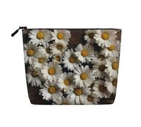 Dwvtfsm Borsa per il trucco da donna, con margherite e fiori su tavola di legno, impermeabile, in lino, organizer per cosmetici da viaggio, leggera, con cerniera, organizer per pennelli da trucco