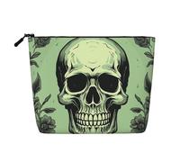 Dwvtfsm Borsa per il trucco da donna, con teschio su sfondo verde chiaro, organizer per cosmetici da viaggio in lino impermeabile leggero con cerniera da viaggio borsa da toilette organizer per
