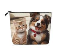 Dwvtfsm Divertente borsa per il trucco con cane e gatto per donne, impermeabile, in lino, organizer per cosmetici da viaggio, leggera, con cerniera, organizer per pennelli da trucco