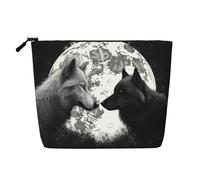 Dwvtfsm Lupi Love Under The Moon Borsa per il trucco con animali selvatici da donna, organizer per cosmetici da viaggio in lino impermeabile leggero con cerniera borsa da toilette organizer per