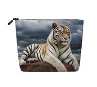 Dwvtfsm Majestic Tiger appoggiata su una roccia con cielo nuvoloso borsa per il trucco per le donne, impermeabile, in lino, organizer per cosmetici da viaggio, leggero, con cerniera, organizer per