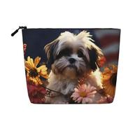 Dwvtfsm Shih Tzu Borsa per il trucco con cane e fiori da donna, organizer per cosmetici da viaggio in lino impermeabile leggero con cerniera borsa da toeletta organizer per pennelli da trucco