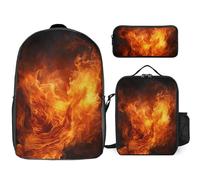 DWVTFSM Zaino da 3 pezzi per donne e uomini, leggero, casual, borsa a tracolla, set con borsa termica per il pranzo e astuccio organizer fiamme ruggenti