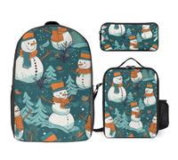 DWVTFSM Zaino da 3 pezzi per donne e uomini, leggero, casual, borsa a tracolla, set con borsa termica per il pranzo e astuccio organizer con motivo pupazzo di neve