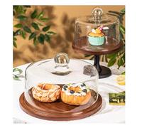 Dxcaicc Alzata per Torte con Coperchio A Cupola, Piatto per Torta in Legno di Acacia con Coperchio, Espositore per Torte in Legno con Cupola in Vetro,25.5cm with Lid