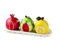Dxcaicc Barattoli per Spezie, Condimento da Cucina in Ceramica con Vassoio, Cucchiaio, Set da 3 Pezzi, Barattolo per Condimenti Unico per Frutta,Pomegranate Watermelon Lemon
