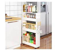 Dxcaicc Carrello Portaoggetti Sottile a 3 Livelli, Scaffale Mobile con Piano in Legno e Maniglia per Spazio Ristretto, Armadietto da Cucina con Gancio, Ufficio, Bagno, Lavanderia,Bianca,4Layer