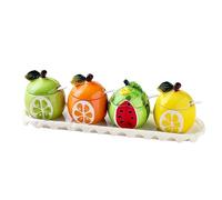 Dxcaicc Set da 4 Pezzi di Barattoli per Spezie, Condimenti da Cucina in Ceramica, con Vassoio, Cucchiaio, Frutta, Barattolo Creativo per Spezie, Sale, Pepe, Salsa,A