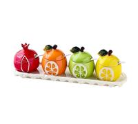 Dxcaicc Set da 4 Pezzi di Barattoli per Spezie, Condimenti da Cucina in Ceramica, con Vassoio, Cucchiaio, Frutta, Barattolo Creativo per Spezie, Sale, Pepe, Salsa,B