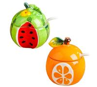 Dxcaicc Spezie Barattoli 2 Pezzi Condimento in Ceramica Set con Vassoio Set Cucchiaio Fresco Carino Cartone Animato Forme di Frutta Decora La Tua Cucina,Watermelon Orange