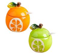 Dxcaicc Spezie Barattoli 2 Pezzi Condimento in Ceramica Set con Vassoio Set Cucchiaio Fresco Carino Cartone Animato Forme di Frutta Decora La Tua Cucina,Orange Cantaloupe