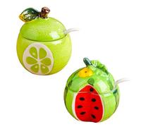 Dxcaicc Spezie Barattoli 2 Pezzi Condimento in Ceramica Set con Vassoio Set Cucchiaio Fresco Carino Cartone Animato Forme di Frutta Decora La Tua Cucina,Cantaloupe Watermelon