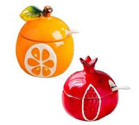 Dxcaicc Spezie Barattoli 2 Pezzi Condimento in Ceramica Set con Vassoio Set Cucchiaio Fresco Carino Cartone Animato Forme di Frutta Decora La Tua Cucina,Pomegranate Orange