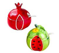 Dxcaicc Spezie Barattoli 2 Pezzi Condimento in Ceramica Set con Vassoio Set Cucchiaio Fresco Carino Cartone Animato Forme di Frutta Decora La Tua Cucina,Pomegranate Watermelon