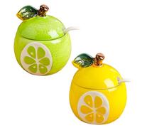 Dxcaicc Spezie Barattoli 2 Pezzi Condimento in Ceramica Set con Vassoio Set Cucchiaio Fresco Carino Cartone Animato Forme di Frutta Decora La Tua Cucina,Lemon Cantaloupe