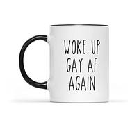 Dxcvbrds New Woke Up Gay AF Again, tazza LGBTQ, tazza gay, tazza lesbica, regalo gay, orgoglio, tazza queer, trans, bis, regalo per amici gay, gay divertente, tazza in ceramica con accento nero, 325