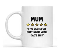 Dxcvbrds Tazza divertente con scritta in inglese "New Mum Five Stars for Putting Up with Dad's Mug, from Daughter, from son, Gifts for Mum 325 ml (bianco)