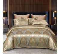 DXHOME Biancheria da letto 220 x 240 cm, in oro satinato, barocco, lucido, 3 pezzi, lussuoso, moderno, jacquard, standard, per letto matrimoniale, set con chiusura lampo e 2 federe da 80 x 80 cm
