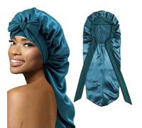 DXIA Cuffia in Seta per Dormire, Cuffia Seta Capelli Notte Lunga, Cuffia in Seta per Capelli Ricci, Cuffia in Seta per Dormire Capelli, Cuffia Lunga in Raso da Donna con Fascia elastica (Blu Pavone)
