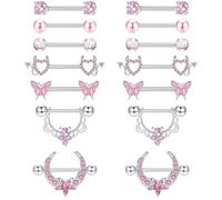 DXiongW 7 Paia 14G Piercing Capezzolo Acciaio Chirurgico per Donne 16mm Barbell per Capezzolo Acciaio Inossidabile CZ Cuore Farfalla Rosa Capezzoli Anelli Set di Piercing Gioielli Corpo Donne