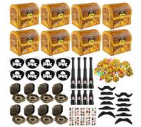 DXLing 154 Pezzi Gadget Compleanno Pirati Bambini Regalini con Monete d’Oro Gemme Bussola Bende da Pirata Baffi Cannocchiale Giocattolo Tatuaggi Adesivi Forzieri