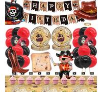 DXLing Set Decorazioni Compleanno Pirata 81 Pezzi con Grande Palloncino Pirata Piatti Carta Tovaglioli Striscione Palloncini Topper Torta Scheletro Kit Festa Pirata Bambini Decorazioni per 20 Ospiti