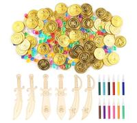 DXLing Set di 268 monete d'oro dei pirati con 100 monete d'oro del tesoro pirata + 150 gemme acrilici+ 6 spade pirata in legno + 12 penne colorate Tesori per la Caccia al Tesoro Bambini Compleanno