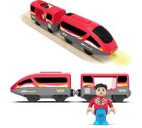 DxxD Trenino Elettrico per Bambini, Trenino Legno Giocattolo Bambini, Treno Intercity Suono e luce con Figure per Ferrovia, Locomotiva ad Azione a Batteria Compatibile con Thomas Brio, 3+ Anni, Rosso