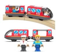 DxxD Trenino Elettrico per Bambini, Trenino Legno Giocattolo, Treno Intercity con Figure per Ferrovia, Locomotiva ad Azione a Batteria, Auto Giocattolo Compatibile con Thomas, Brio, Età 3+ Anni, Rosso