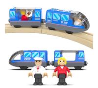 DxxD Trenino Elettrico per Bambini, Trenino Legno Giocattolo, Treno Intercity con Figure per Ferrovia, Locomotiva ad Azione a Batteria, Auto Giocattolo Compatibile con Thomas, Brio, Età 3+ Anni, Blu