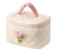 DXZXDJIU Borsa cosmetica da Donna con Fiori di Tulipano, Grande capacità, Organizer da Viaggio in Velluto a Coste Portatile con Cerniera(Beige Bucket Bag)