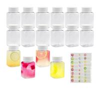 DYMHQ 16 Pezzi Bottiglie Quadrate Trasparente da 100ML con Adesivi, Impermeabile Bottiglie di Succo in Plastica con Coperchio, Riutilizzabili Contenitori Vuoti per Bevande Latte Caffè