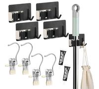 DYMHQ 4 Pezzi Nero Portaspazzole Da Muro, ABS Portascope da Muro Regolabile Appendibile, Appendi Scope Senza Forare con Collecon 4 Clip, Ganci Supporto Scopa e 2 Colle per Garage Giardini