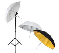 DynaSun W969S Kit Set da Studio Professionale, Supporto Cavalletto Stativo, Portalampada, Ombrello Diffusore Bianco, Ombrello Riflettente Argento e Ombrello Riflettore Oro/Nero per Illuminatore Luci Flash