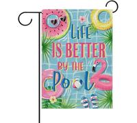 Dyrenson Summer Life is Better by The Pool Bandiera decorativa da giardino, fenicottero anelli da nuoto tropicali foglie di palma cortile esterno Hom