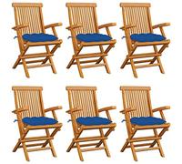 DYRJDJWIDHW 6 Pcs Teak Wood Garden Chairs with Blue Cushions, Foldable Patio Furniture Set for Outdoor Terrace, Weather Resistant Solid Wood Seating with Armrests