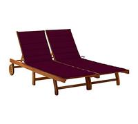DYRJDJWIDHW Acacia Wood 2 Seater Sun Lounger with Cushions, Adjustable Reclining Garden Chaise Lounge for Poolside Patio Outdoor Relaxation, Wine Red Cushions Included