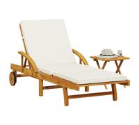 DYRJDJWIDHW Acacia Wood Sun Lounger with Cushion and Side Table, Outdoor Reclining Lounge Chair with 5 Adjustable Positions, Foldable Design for Patio Garden Poolside Relaxation