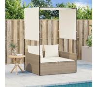 DYRJDJWIDHW Double Sun Lounger with Canopy and Beige Poly Rattan Outdoor Daybed, Weather Resistant Patio Furniture for Garden Poolside Relaxation, Includes Removable Cushions