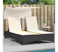 DYRJDJWIDHW Double Sun Lounger with Canopy and Cushions, Outdoor Patio Furniture, Adjustable Reclining Backrest, Weather Resistant PE Rattan, Black and Cream White