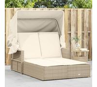 DYRJDJWIDHW Double Sun Lounger with Retractable Canopy and Beige Cushions, Outdoor Poly Rattan Daybed for Patio Garden Poolside Relaxation, Adjustable Backrest, Weather Resistant