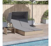DYRJDJWIDHW Double Sun Lounger with Retractable Canopy and Beige Cushions, Outdoor Rattan Daybed for Patio Garden Poolside, Adjustable Backrest, Weather Resistant PE Wicker Furniture