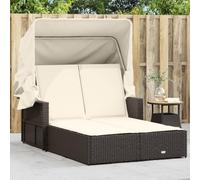 DYRJDJWIDHW Double Sun Lounger with Retractable Canopy and Brown Cushions, Outdoor PE Rattan Daybed for Patio Garden Poolside, Adjustable Backrest, Weather Resistant