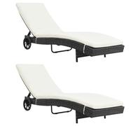 DYRJDJWIDHW Lettini Prendisole 2 Pezzi con Ruote, Chaise Longue Esterno in Polyrattan Nero con Cuscini, Schienale Regolabile per Giardino Piscina Terrazza, Set Lounge Mobili da Esterno