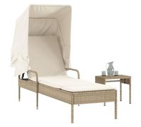 DYRJDJWIDHW Lettino Prendisole con Baldacchino Retrattile e Tavolino Integrato, Polyrattan Beige Lounge Chair per Giardino Piscina Spiaggia, Schienale Regolabile 4 Posizioni con Cuscino Comodo