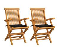DYRJDJWIDHW Premium Teak Wood Garden Chairs 2pcs Set with Black Cushions, Folding Outdoor Patio Furniture for Terrace, Durable Weather-Resistant Solid Wood Seating with Armrests