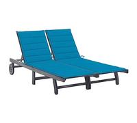 DYRJDJWIDHW Sdraio da Giardino 2 Posti Grigia con Cuscini, Legno Massello Acacia, Lettino Pieghevole Regolabile per Piscina Balcone Giardino, Portatile con Ruote, Supporto Massimo 110kg