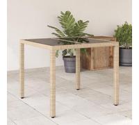 DYRJDJWIDHW Tavolo da Giardino con Piano Vetro Beige 90x90x75 cm Polyrattan Outdoor Dining Table with Tempered Glass Top Weather Resistant for Patio Garden Terrace
