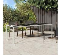 DYRJDJWIDHW Tavolo Giardino Bianco 250x100x75 cm Polyrattan Outdoor Dining Table with Tempered Glass Top Weather Resistant Rattan PE Steel Frame Patio Garden Furniture